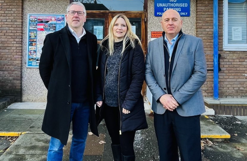 Julia Lopez MP campaigning outside Hornchurch Police Station with Dominic Swan, Chair of Hornchurch & Upminster Conservative Association, and Keith Prince AM, London Assembly Member for Havering & Redbridge