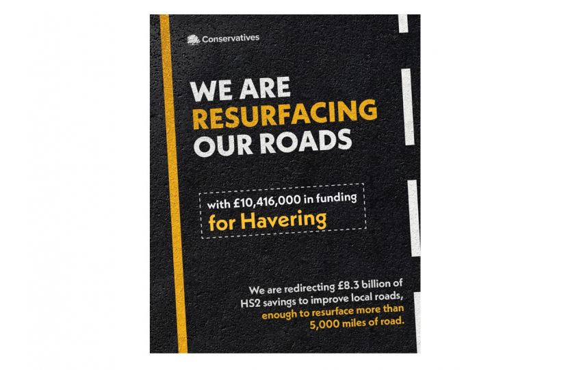 Graphic confirming announcement of £10.4m in funding for road maintenance in Havering