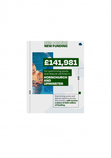 graphic displaying £141,981 in government funding for swimming pools and leisure centres in Hornchurch & Upminster